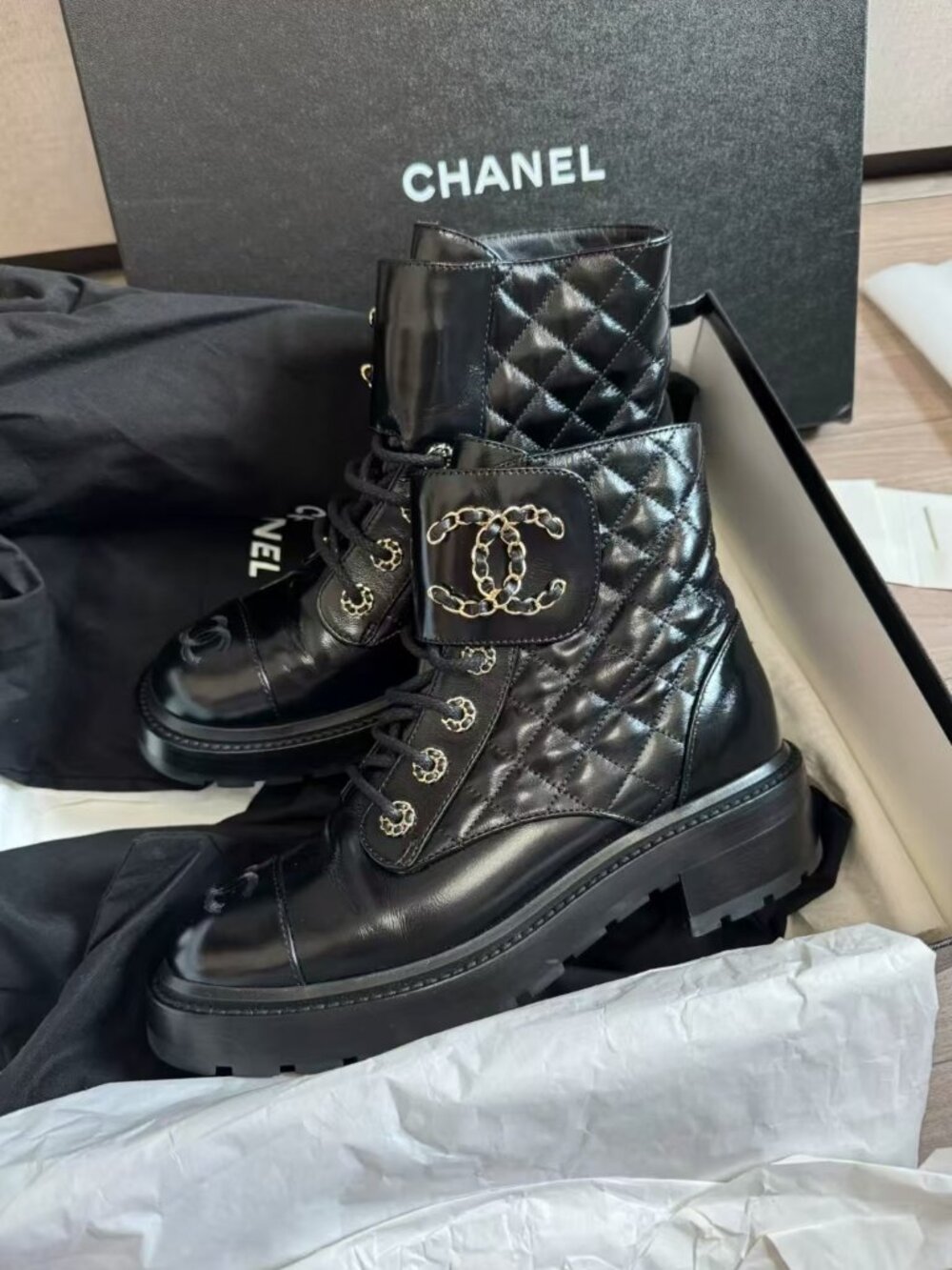 Chanel Black Quilted Leather Combat Boots